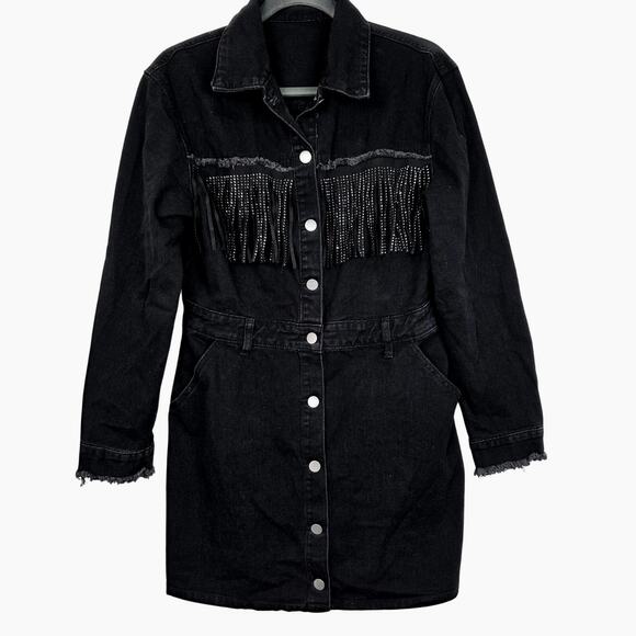 Rhinestone Tassel Raw Hem Long Sleeve Denim Jacket OR Mini Shirt Dress, Medium - Picture 2 of 8